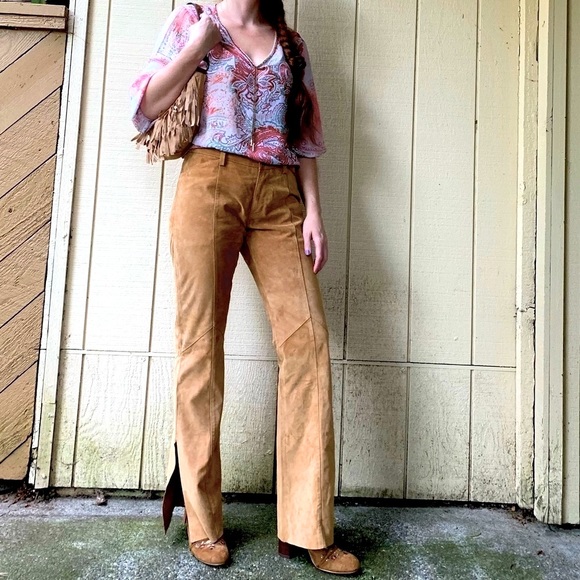 Vintage DKNY satin lined Leather flares Sz 8 raw hem high waisted visible seam